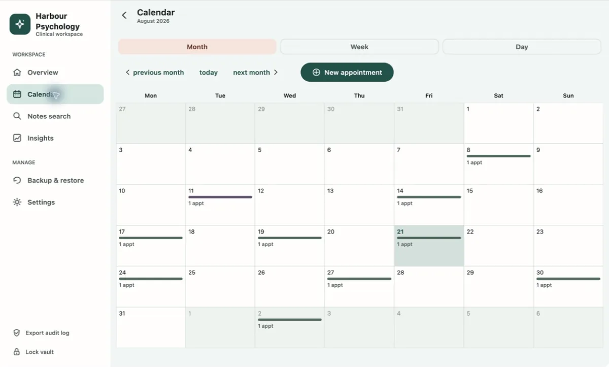 PsyEntry calendar in month view