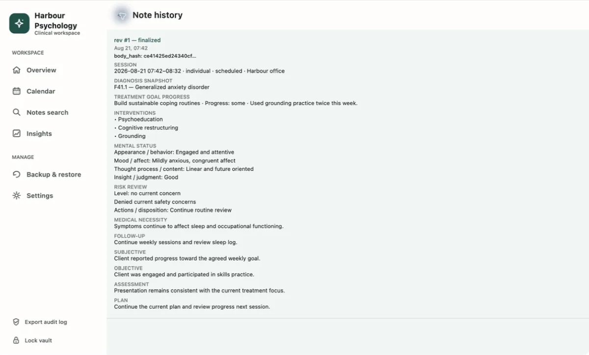 A finalized DAP note in PsyEntry
