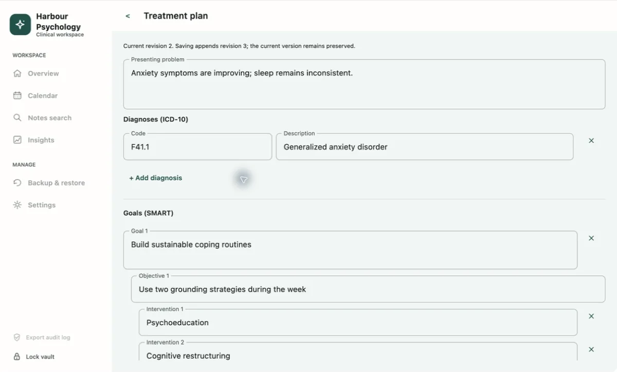 Treatment plan with goals and interventions in PsyEntry