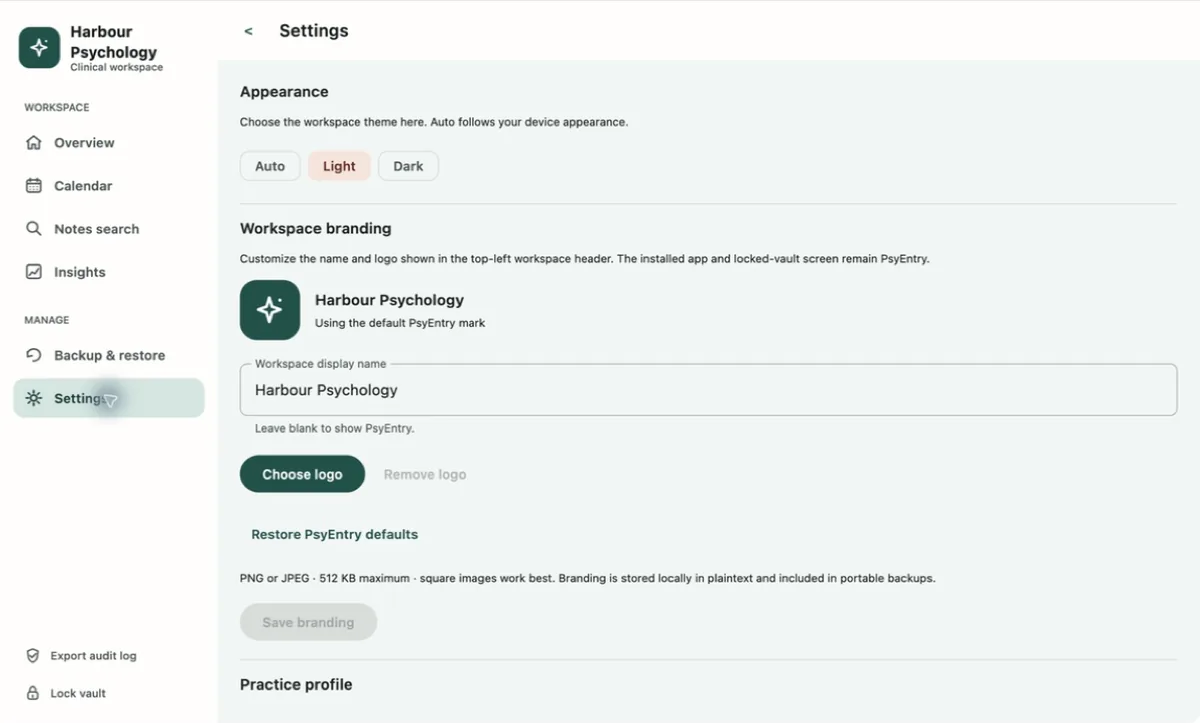PsyEntry settings with vault, appearance and backup controls